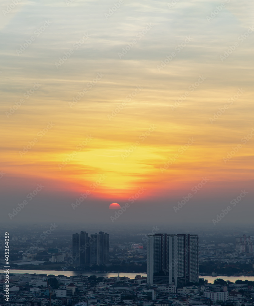 Bangkok, Thailand - Jan 10, 2021 : Aerial view of Amazing beautiful scenery view of Bangkok City skyline and skyscraper before sun setting creates relaxing feeling for the rest of the day. Evening tim Bangkok, Thailand - Jan 10, 2021 : Aerial view of Amazing beautiful scenery view of Bangkok City skyline and skyscraper before sun setting creates relaxing feeling for the rest of the day. Evening tim