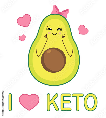 I love keto. Happy cartoon character of avocado. Ketogenic diet. Keto-friendly product