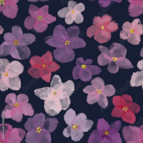 pink and white violets on a dark background  beautiful seamless pattern with flowers  floral wallpaper