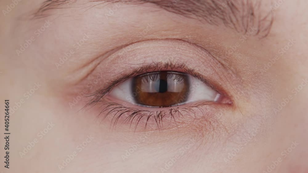 Closeup of female brown eye. Woman is looking at the camera close-up. Iris, pupil and eyebrow macro. Vision problems, ophthalmology and optometry.