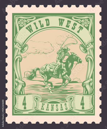 vector image of a cowboy on a horse in the form of a postage stamp printing on paper and t-shirt