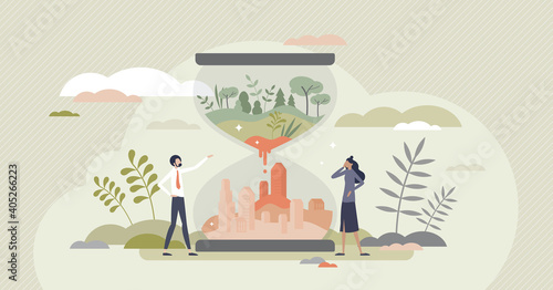 Environment clock as climate and resources exhaustion tiny person concept