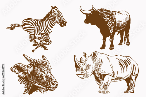 Fototapeta Naklejka Na Ścianę i Meble -  Sepia set of  wild  african animals , vector illustration