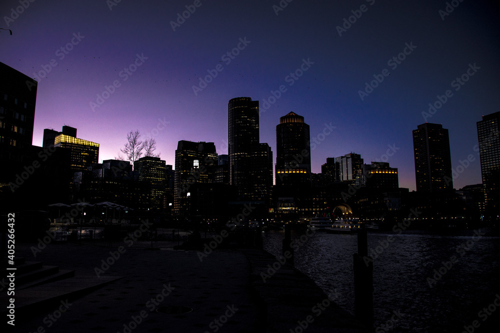 Building skyline at night. Purple sunset. Boston MA 2020