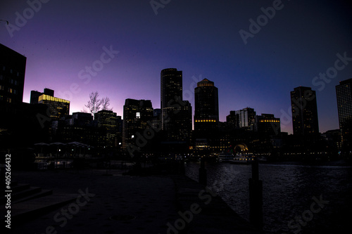 Building skyline at night. Purple sunset. Boston MA 2020