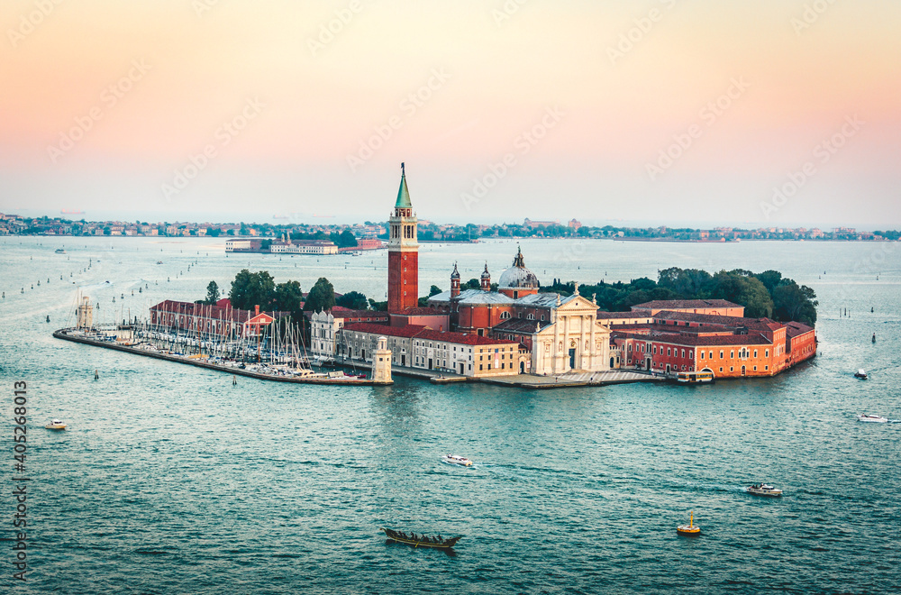 Venice skyline. Scenic panorama of San Giorgio Maggiore island in Venice, Italy. Landscape and seascape of Venice. Panoramic marine view of Venice from above in summer. Romantic water trip in Venezia.