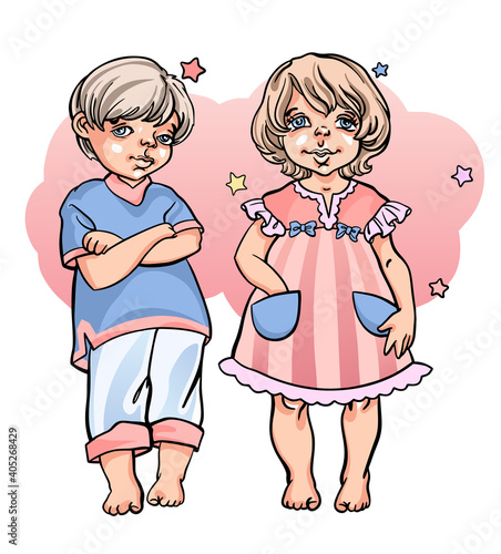 Vector hand drawn illustration of little sleepy boy and girl wearing pastel color nightdress and pajama, staying together and getting ready to sleep.
