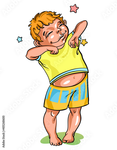 Vector hand drawn illustration of cute little sleepy ginger hair boy in colorful pajama, staying in morning on green grass and stretching out, awakening.
