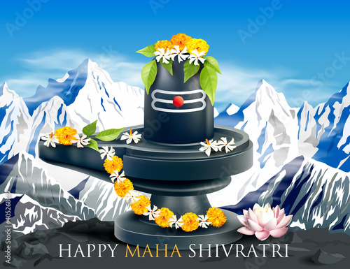 Greeting card with Himalayas and Lingam for Maha Shivratri, a Hindu festival celebrated of Lord Shiva. Vector illustration.