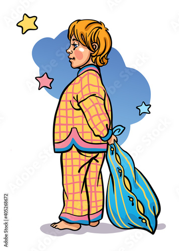 Vector hand drawn illustration of cute little sleepy blonde boy in colorful yellow and pink pajama holds the pillow and prepares to sleep.