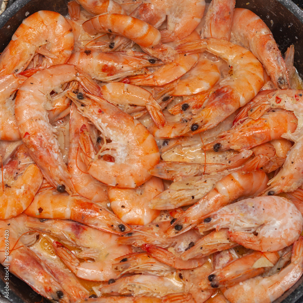 Fried shrimp in a pan, square frame Fried shrimp in a pan, square frame
