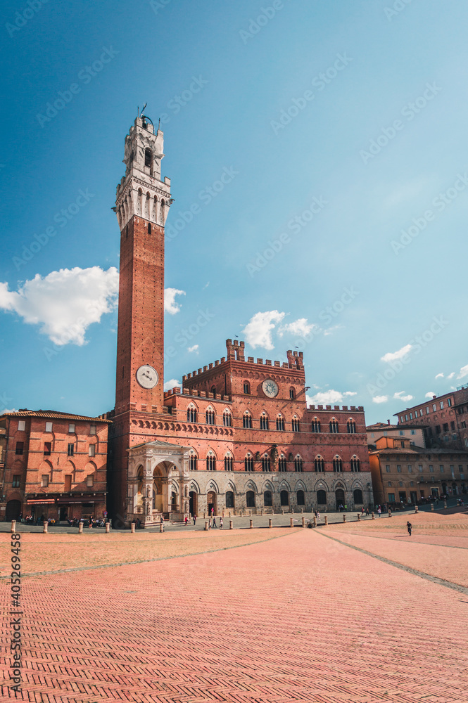 Beautiful view of famous Piazza del Campo in Siena at sunset, Tuscany, Italy