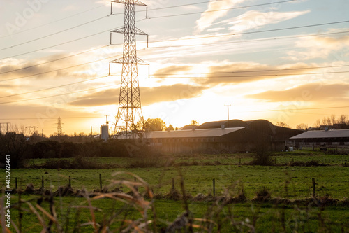 power lines in sunset