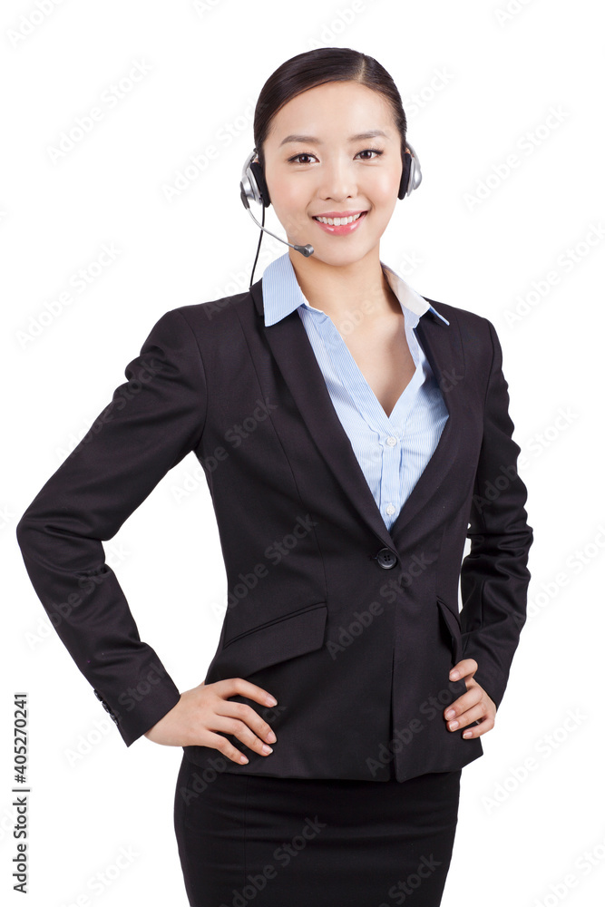 A Female office worker wearing headset portrait A Female office worker wearing headset portrait