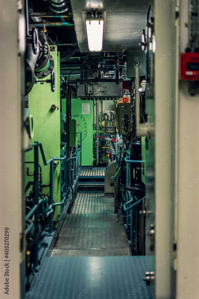 green interior of ship machine and engine room  