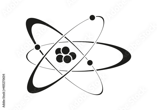 Icono negro de un átomo en fondo blanco.