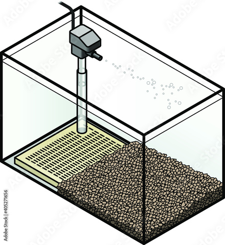 An aquarium filter: under-gravel filter with a power head. Shown with gravel.