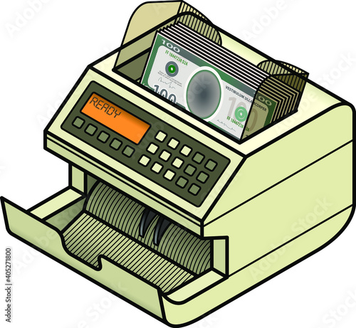 A bank note / money counting machine loaded with plain 100 dollar bills.
