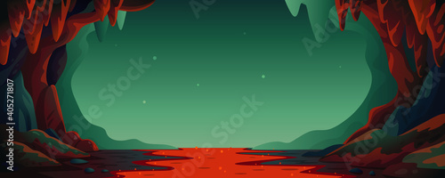 Cave - vector cartoon background. Cavern landscape with an underground lava river in greenish-blue colors. Vector illustration in flat cartoon style.