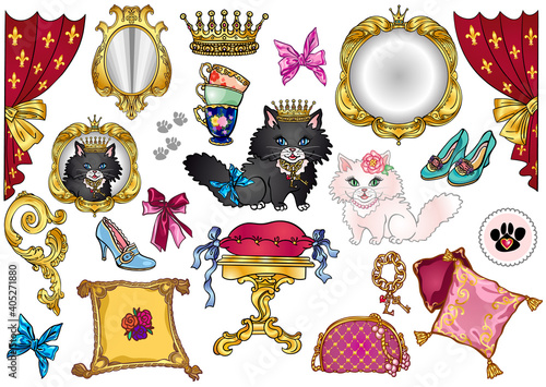 Set of 22 vector fairytale illustrations of little princess cats, accessories, gold frames and borders, red curtains, fashion accessories, shoes, bag, pillow, frames, for custom design and print.