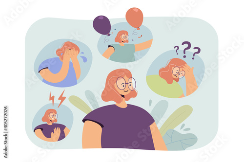 Woman going through nervous breakdown or bipolar behavior disorder. Person feeling anger, frustration, joy, confusion. Vector illustration for mood changes, mental problems, emotional crisis concept