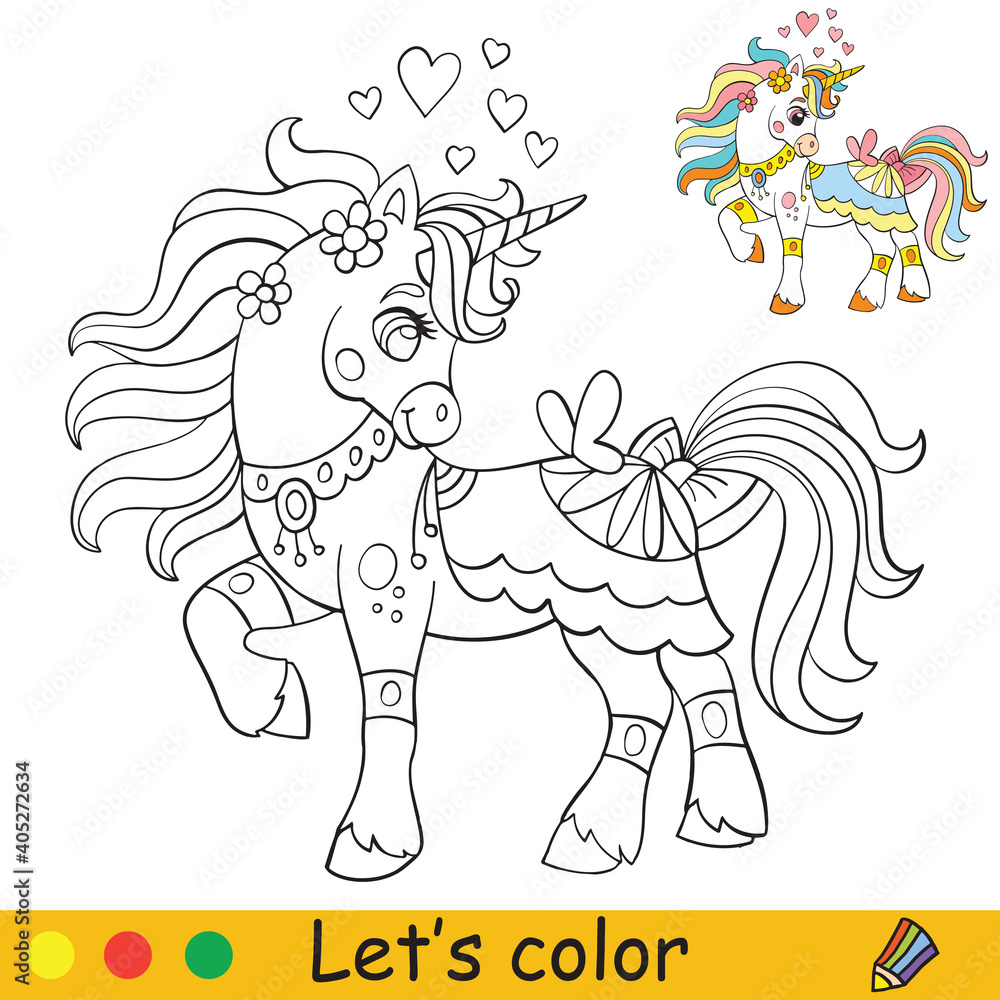 Cute unicorn with butterfly and hearts. Coloring book page with colorful template. Vector cartoon illustration isolated on white background. For coloring book, preschool education, print and game.