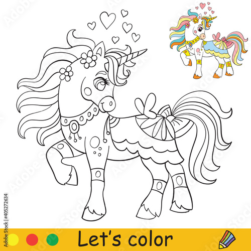 Cute unicorn with butterfly and hearts. Coloring book page with colorful template. Vector cartoon illustration isolated on white background. For coloring book, preschool education, print and game.