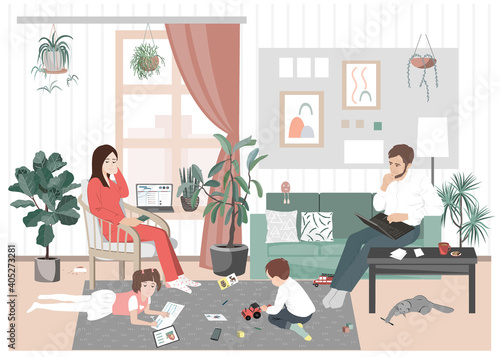 Young family couple and kids stay home and have distant work and learning during pandemic. Young parents with sons and daughter have remote job. Online business with children in quarantine.