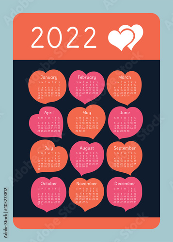 Hearts. Calendar 2022 year. Vector pocket or wall calender design template. Week starts on Sunday. Wedding and love