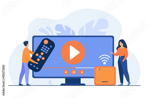 Vector illustration for movie watching, home entertainment concept. Tiny couple watching video on Internet. Man holding remote control, woman standing by receiver or smart box with Wi-Fi signal