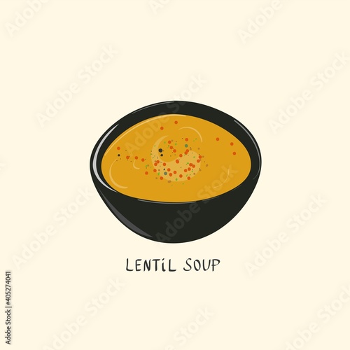 Lentil soup in a bowl with spices and herbs. Turkish cuisine