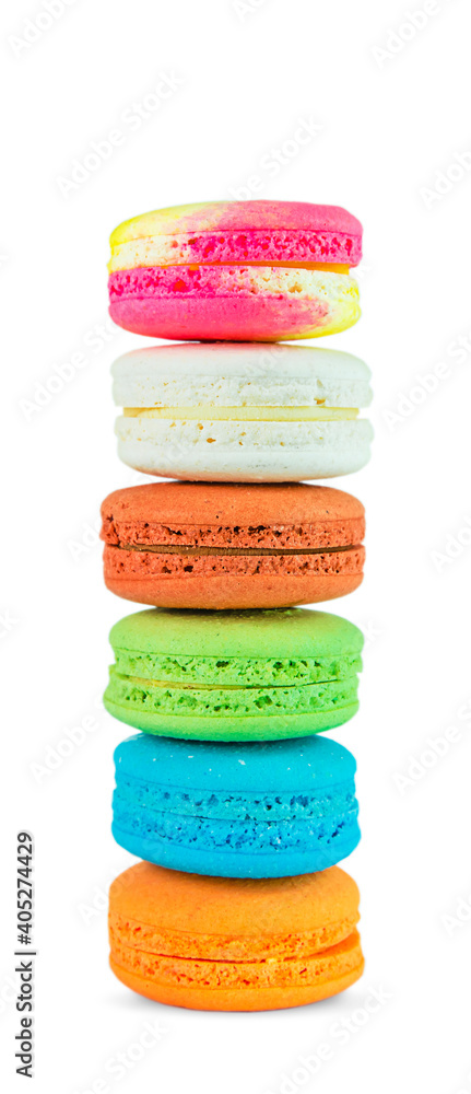 Fototapeta premium Multicolored macarons set vertekally isolated on a white background.