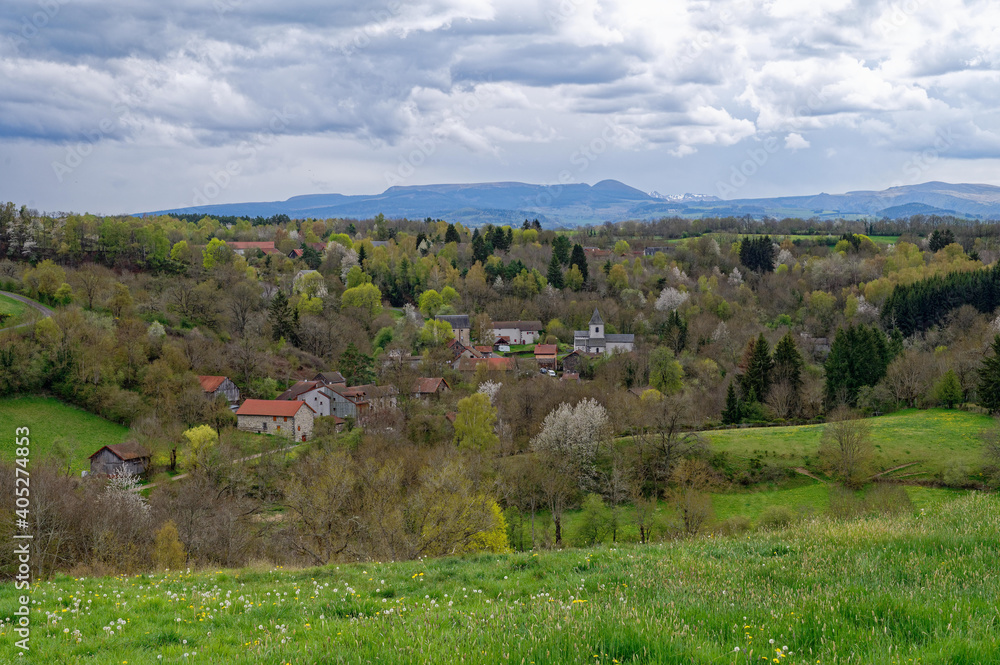 Paysage d’Auvergne , printemps, village de Mazayes, Sancy, Puy de Dôme, France	
