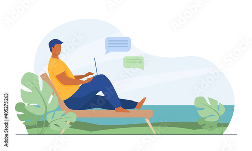 Male freelancer working outdoors. Tropical beach, seaside, nature, using laptop. Flat vector illustration. Remote job, online communication concept for banner, website design or landing web page