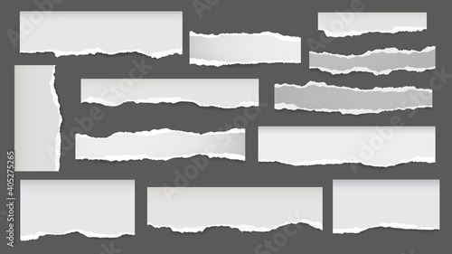 Set of torn white note, notebook paper pieces stuck on dark grey background. Vector illustration