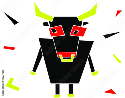 Funny geometric bull in the children's applique style. Restricted color palette, vector illustration.