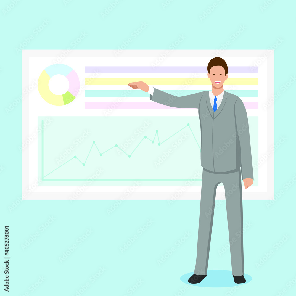 Business presentation with chart on the board at the meeting. Male speaker in gray suit hold a presentation or corporate seminar or lecture. White board diagram presentation. Vector flat illustration. Business presentation with chart on the board at the meeting. Male speaker in gray suit hold a presentation or corporate seminar or lecture. White board diagram presentation. Vector flat illustration.