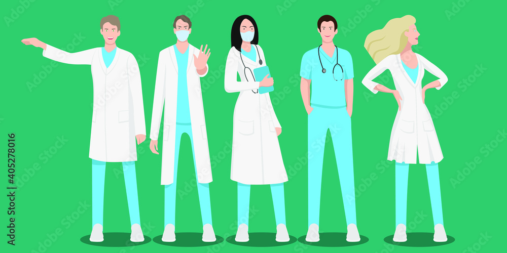 Set of doctors or nurses characters standing. Male and female medicine workers, physicians, doctors, paramedics, nurses isolated. Medical staff flat modern illustration. Set of doctors or nurses characters standing. Male and female medicine workers, physicians, doctors, paramedics, nurses isolated. Medical staff flat modern illustration.