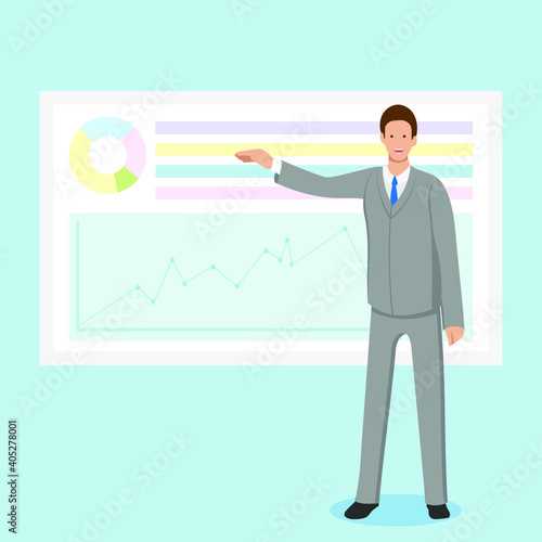 Business presentation with chart on the board at the meeting. Male speaker in gray suit hold a presentation or corporate seminar or lecture. White board diagram presentation. Vector flat illustration.