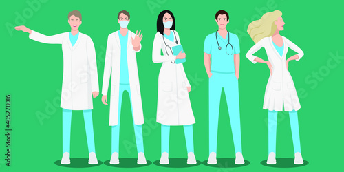 Set of doctors or nurses characters standing. Male and female medicine workers, physicians, doctors, paramedics, nurses isolated. Medical staff flat modern illustration.