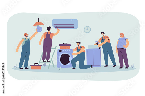 Handymen repairing clients home appliance. Service man end electrician fixing washing machine, air conditioner, plumbing equipment. Vector illustration for domestic work, maintenance concept