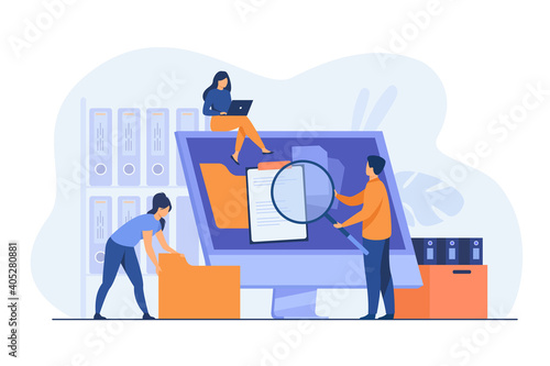 Office workers organizing data storage and file archive on server or computer. PC users searching documents on database. Vector illustration for information technology, source concept
