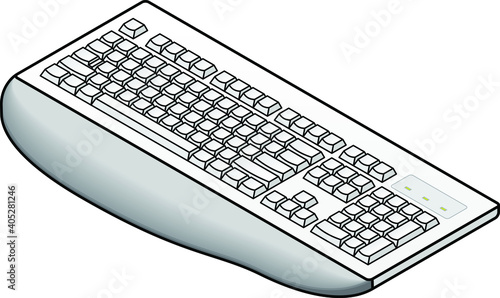 A white plain unlabelled classic-style keyboard - US layout. With an ergonomic wrist rest.