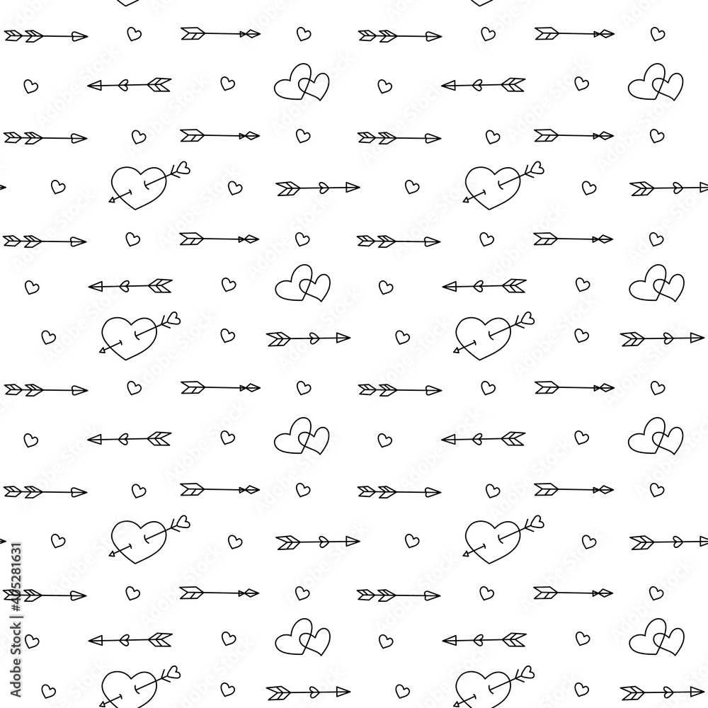 Naklejka premium Arrows with heart vector seamless pattern on white background. Valentine background in doodle style. 