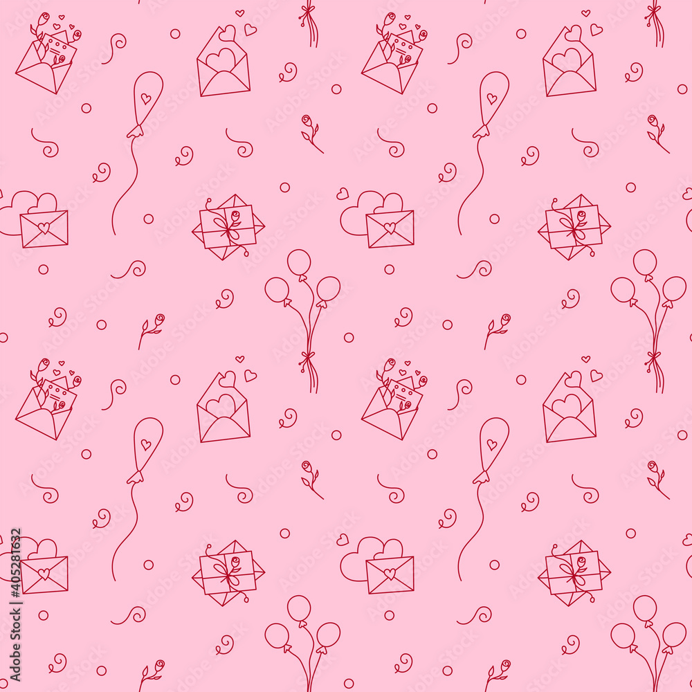 Pink Valentine background with envelopes and floating balloons. Vector seamless pattern with love letters  