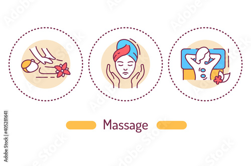 Massage outline concept. Spa service line color icons. Pictograms for web page, mobile app, promo.
