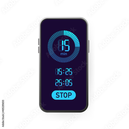 Mockup with blue stopwatch smartphone on white background. Flat design. Digital communication. Chronometer, timer sign. Vector ui screen.