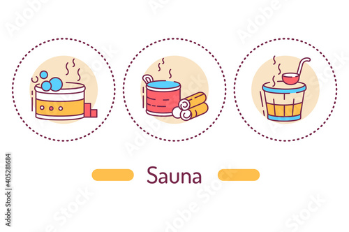 Sauna outline concept. Spa service line color icons. Pictograms for web page, mobile app, promo