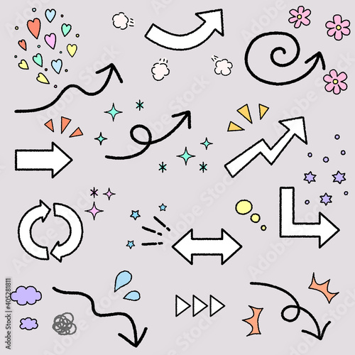 カラフルでかわいい手書き風の矢印イラストのセット