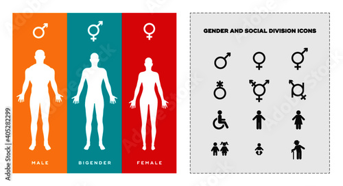 Gender & minority symbols - male, female & bigender + icons. Marketing vector elements